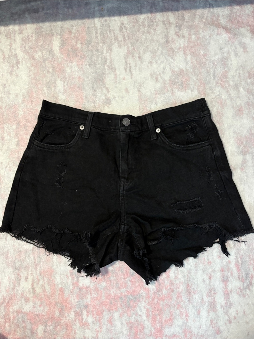 aerie Black Distressed Frayed Hem Denim Shorts